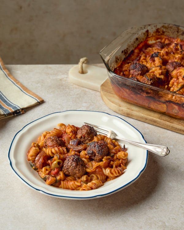Beef & Cheddar Meatballs with Brown Rice Fusilli, Courgette & Olives
