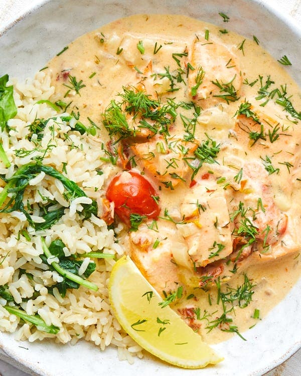 Creamy Tomato Salmon with Brown Rice & Dill