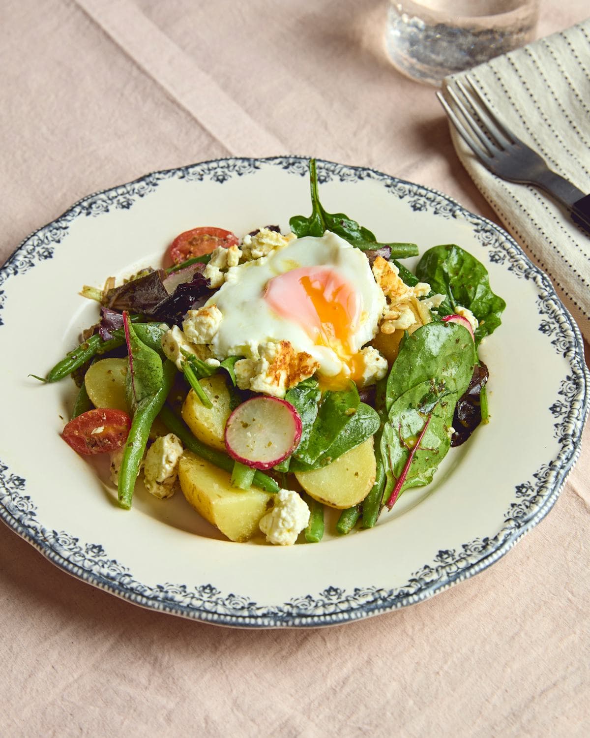 Feta Fried Egg with Potato Salad & Green Harissa