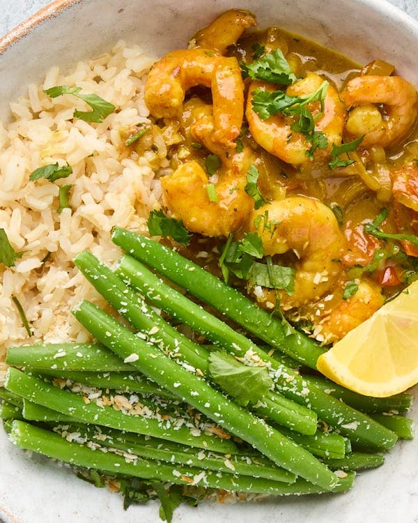 King Prawn Pasanda with Brown Rice & Coconut Green Beans