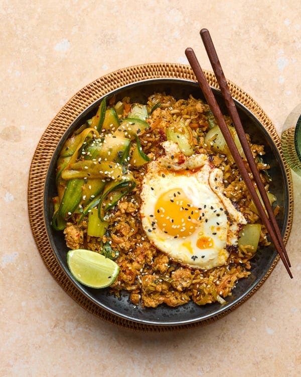 Korean-style Lamb Bibimbap with Brown Rice, Cucumber Salad & Fried Egg