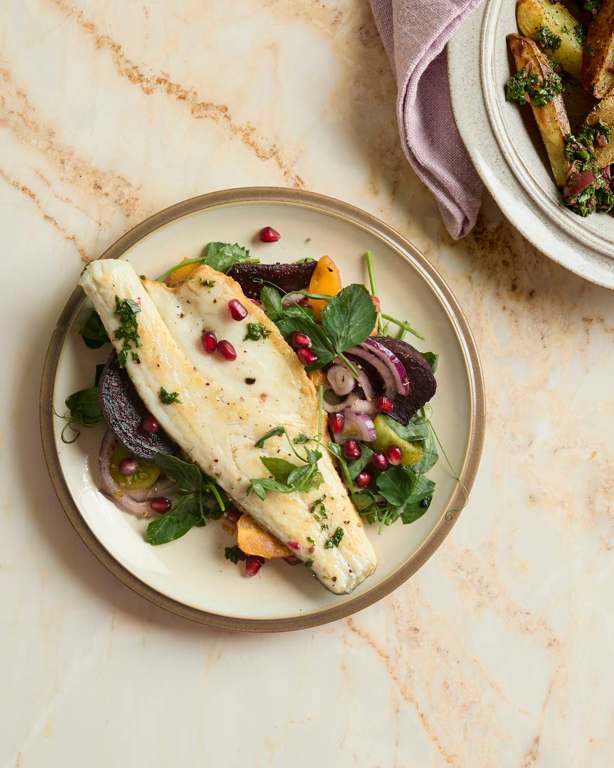 Pan-fried Sea Bass with Herby Potatoes & Beetroot Salad