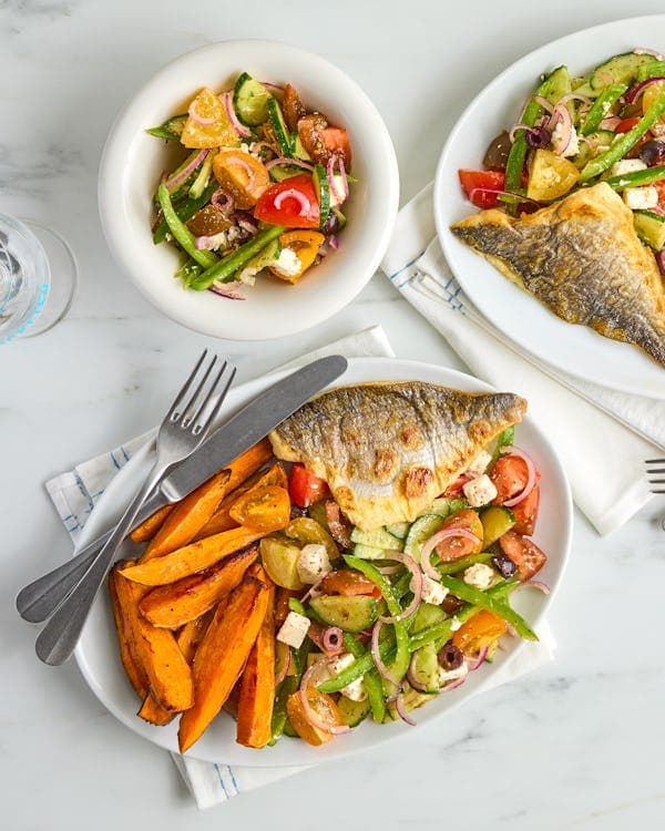 Pan-fried Sea Bream with Sweet Potato Wedges & Greek-style Salad