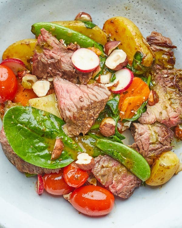 Seared British Denver Steak with Lemon Pesto Veg & Hazelnuts