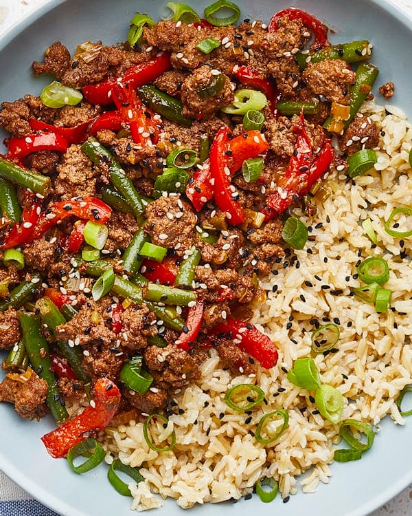 Sticky Beef Sesame Stir-fry with Brown Rice & Green Beans