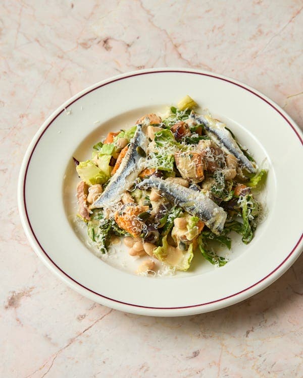 Anchovy & Cannellini Caesar Salad with Roast Sweet Potato, Tenderstem Broccoli & Hard Italian Cheese